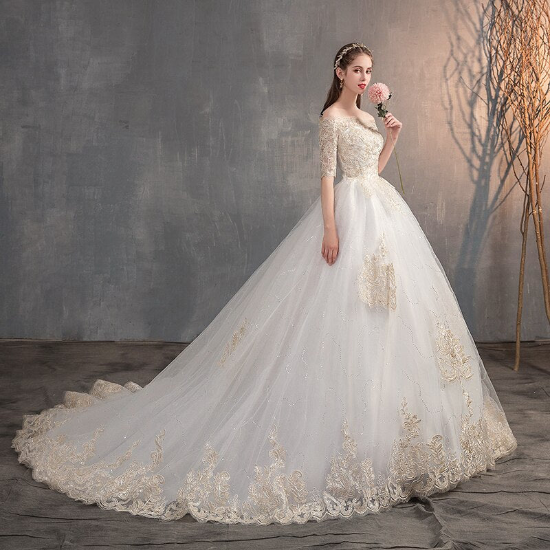 Off The Shoulder Half Sleeve Wedding Gown Lace