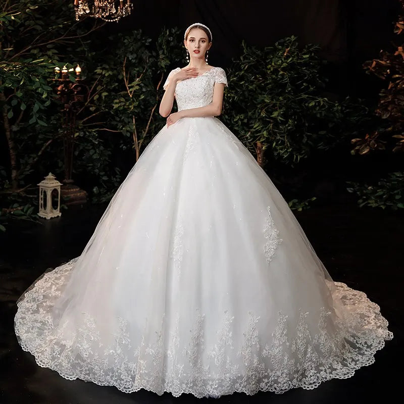 Lace V Neck Ball Gown Wedding Dresses Short Sleeve Gowns