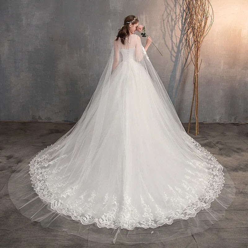 Long Cap Lace Wedding Gown With Long Train Embroidery Bridal Dress