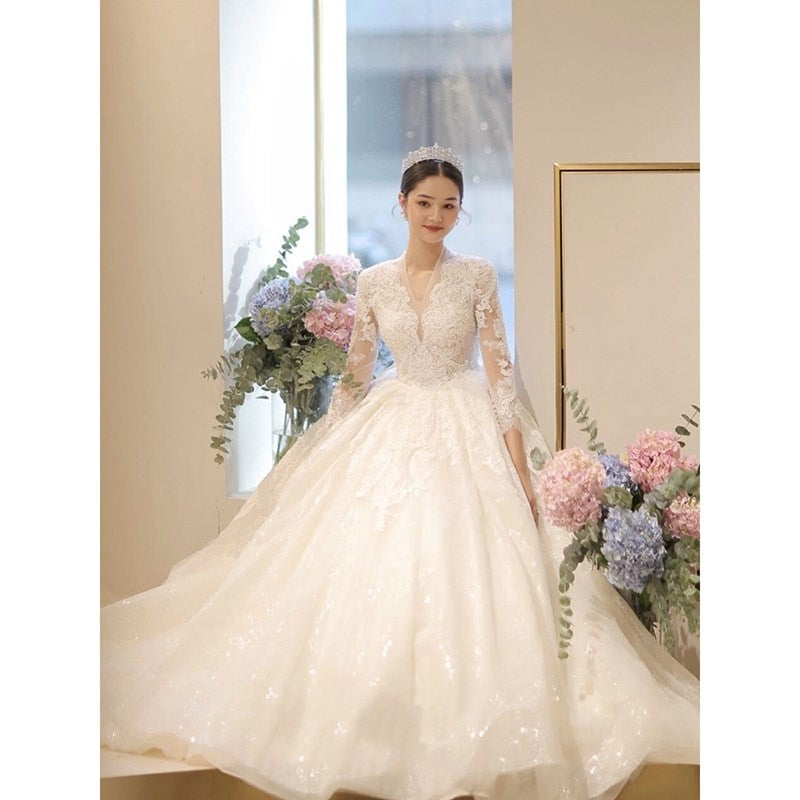 Long Sleeve New Winter V-neck Flower Ball Gown Dresse