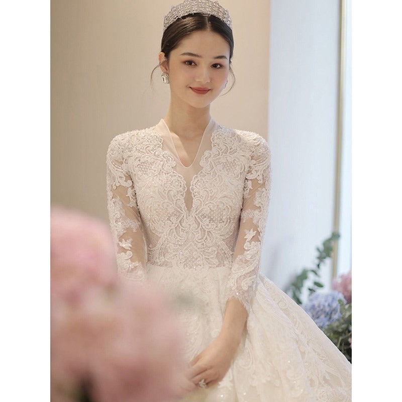 Long Sleeve New Winter V-neck Flower Ball Gown Dresse