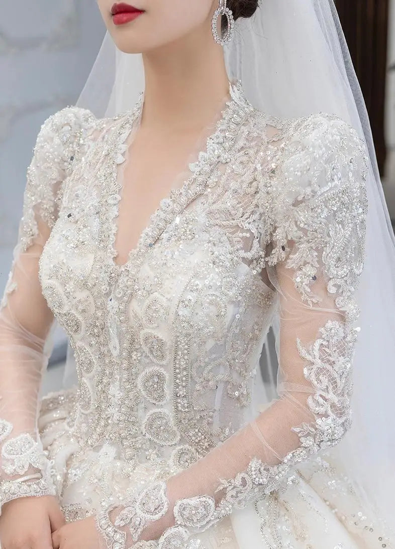 Luxury Bedading Long Sleeve Winter Wedding Dress  V Neck