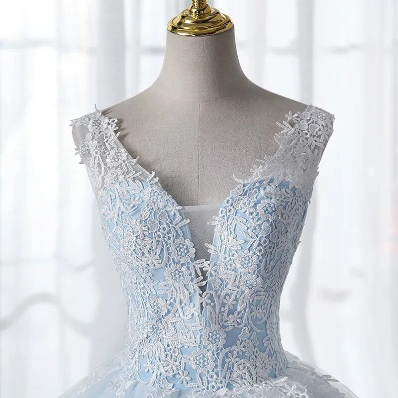 Sky Blue Inner With Double Lace Ruffle Deep V-neck Backless A-line Bridal Dress