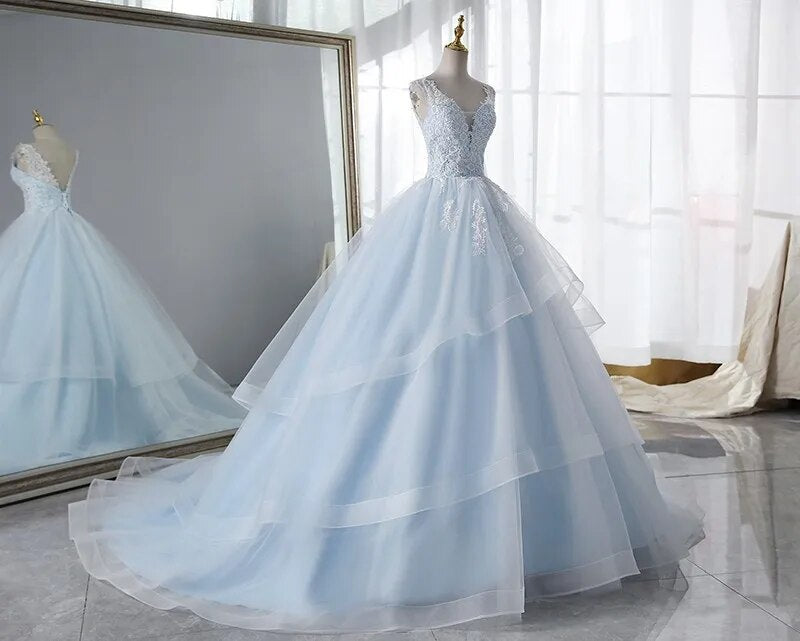 Sky Blue Inner With Double Lace Ruffle Deep V-neck Backless A-line Bridal Dress