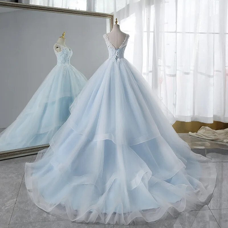 Sky Blue Inner With Double Lace Ruffle Deep V-neck Backless A-line Bridal Dress