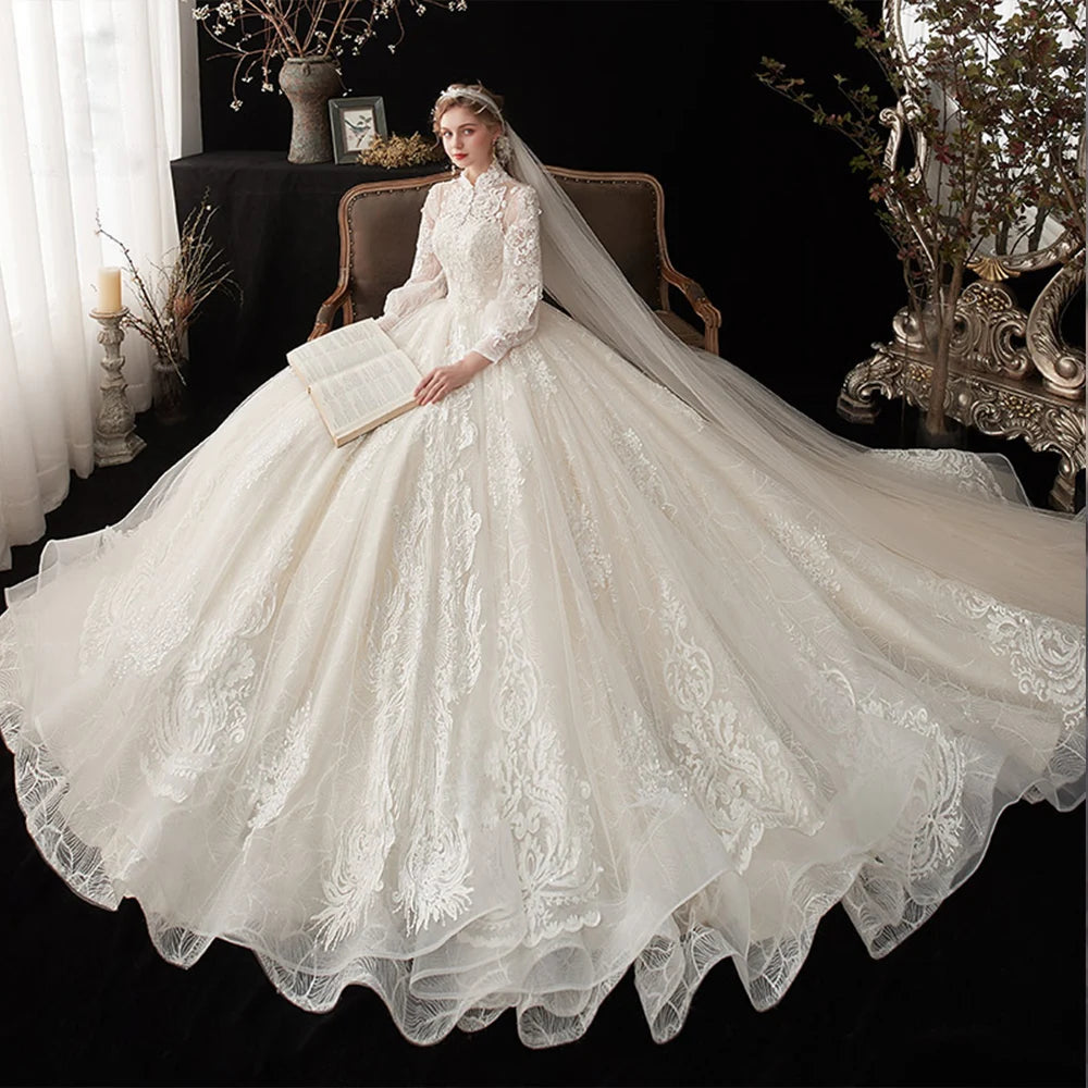 High Neck Long Sleeve Pearls Flowers All Over Appliques Lace Princess Ball Gown