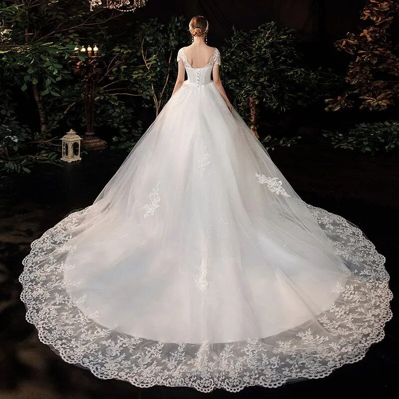 Lace V Neck Ball Gown Wedding Dresses Short Sleeve Gowns