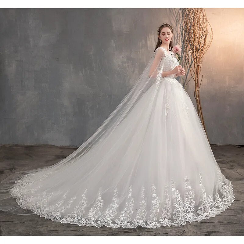 Long Cap Lace Wedding Gown With Long Train Embroidery Bridal Dress