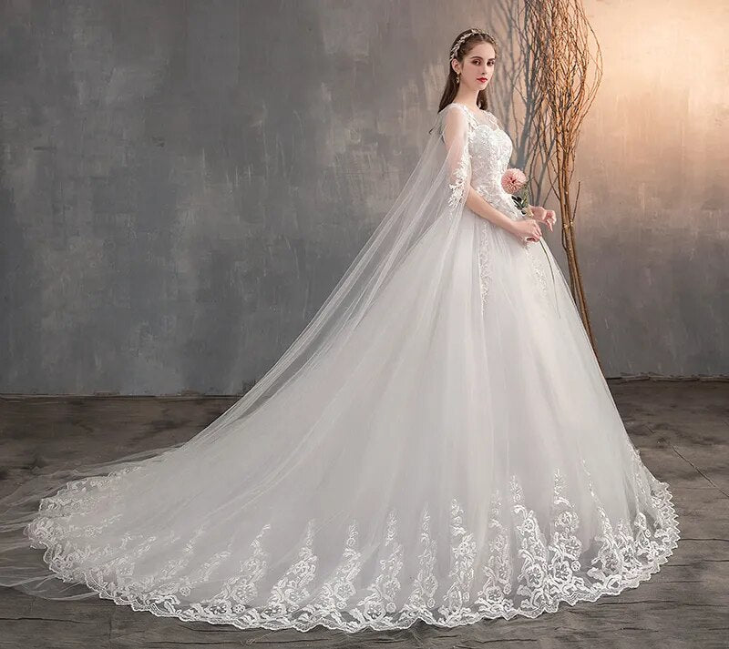 Long Cap Lace Wedding Gown With Long Train Embroidery Bridal Dress