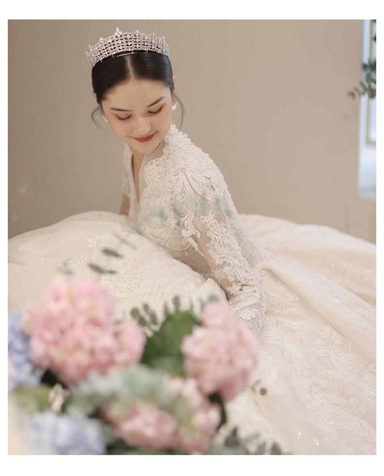 Long Sleeve New Winter V-neck Flower Ball Gown Dresse