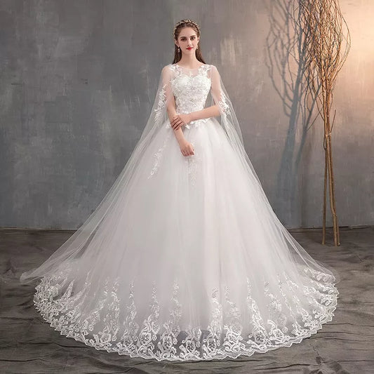 Long Cap Lace Wedding Gown With Long Train Embroidery Bridal Dress