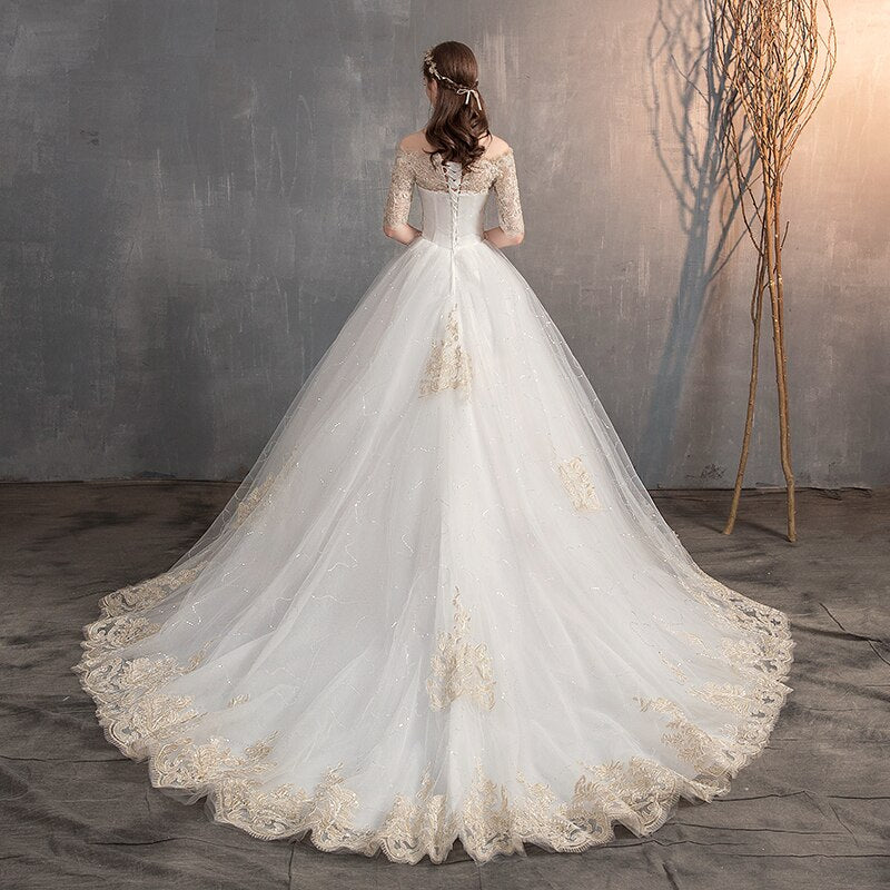 Off The Shoulder Half Sleeve Wedding Gown Lace