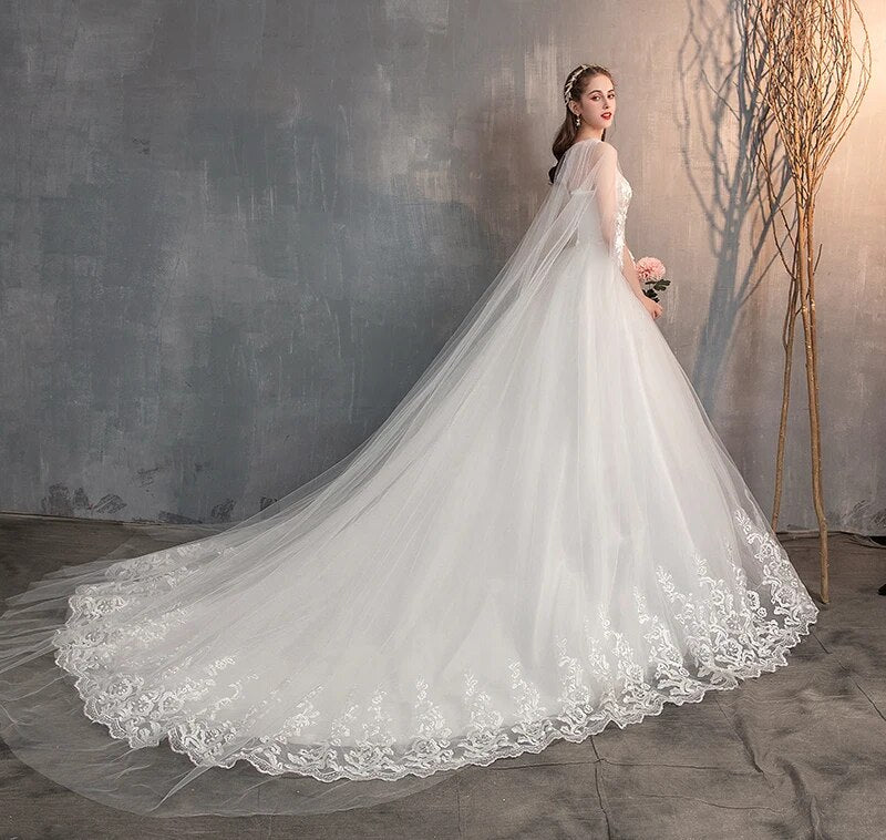 Long Cap Lace Wedding Gown With Long Train Embroidery Bridal Dress