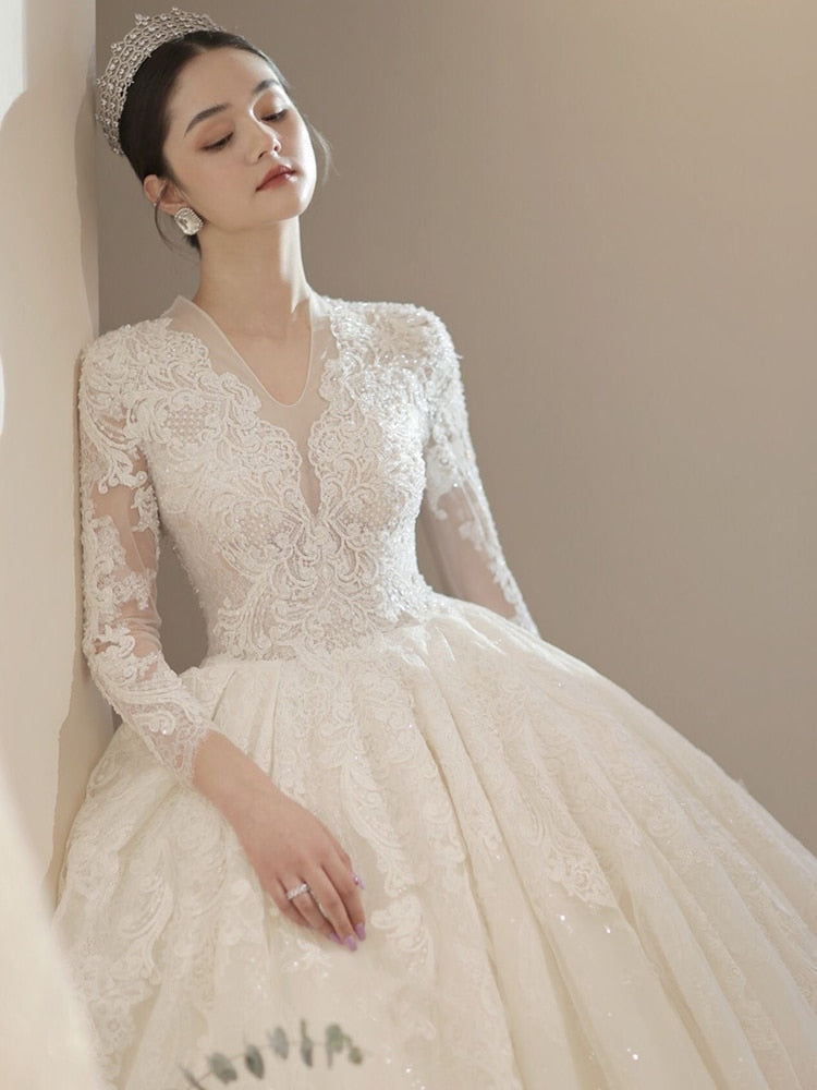 Long Sleeve New Winter V-neck Flower Ball Gown Dresse