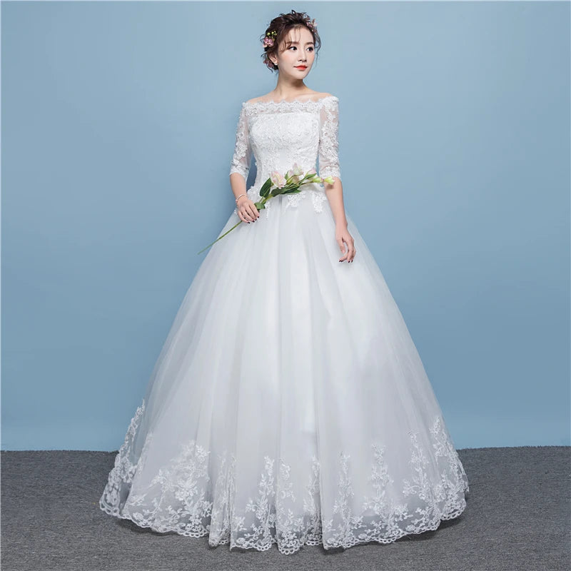 Lace Applique Plus Size Ball Gown Half Sleeve Lace Up Floor-length Sexy Boat Neck Illusion