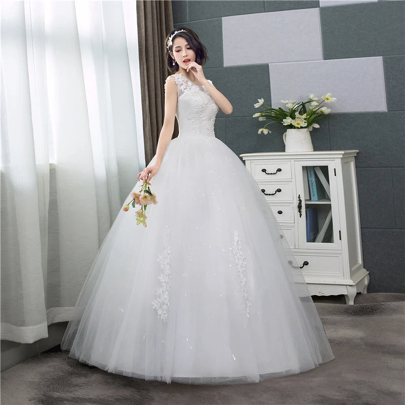 Customized Plus Size O Neck Lace Appliques Korean Ball Gown Bridal Dress