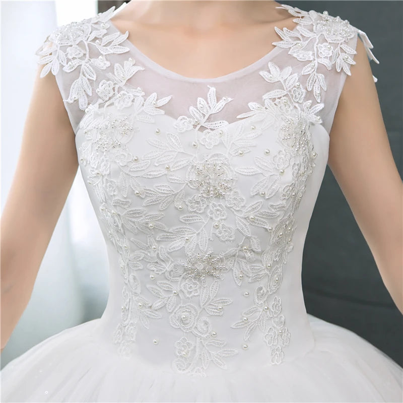 Customized Plus Size O Neck Lace Appliques Korean Ball Gown Bridal Dress