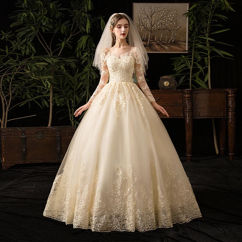 Elegant Champagne Embroidery Lace Wedding Dress Robe De Mariee Sweetheart Ball Gown