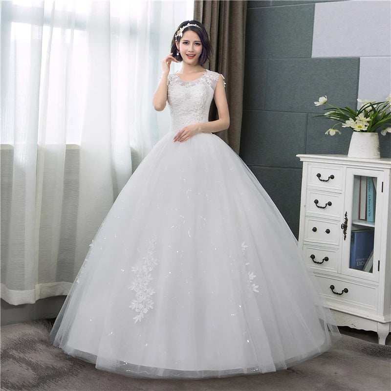 Customized Plus Size O Neck Lace Appliques Korean Ball Gown Bridal Dress