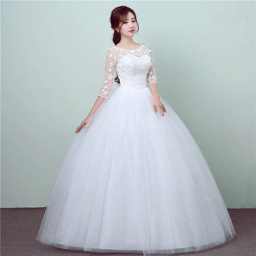 Simple Lace Half Sleeve Wedding Dresses O-Neck Elegant Floral Print Plus size Cheap