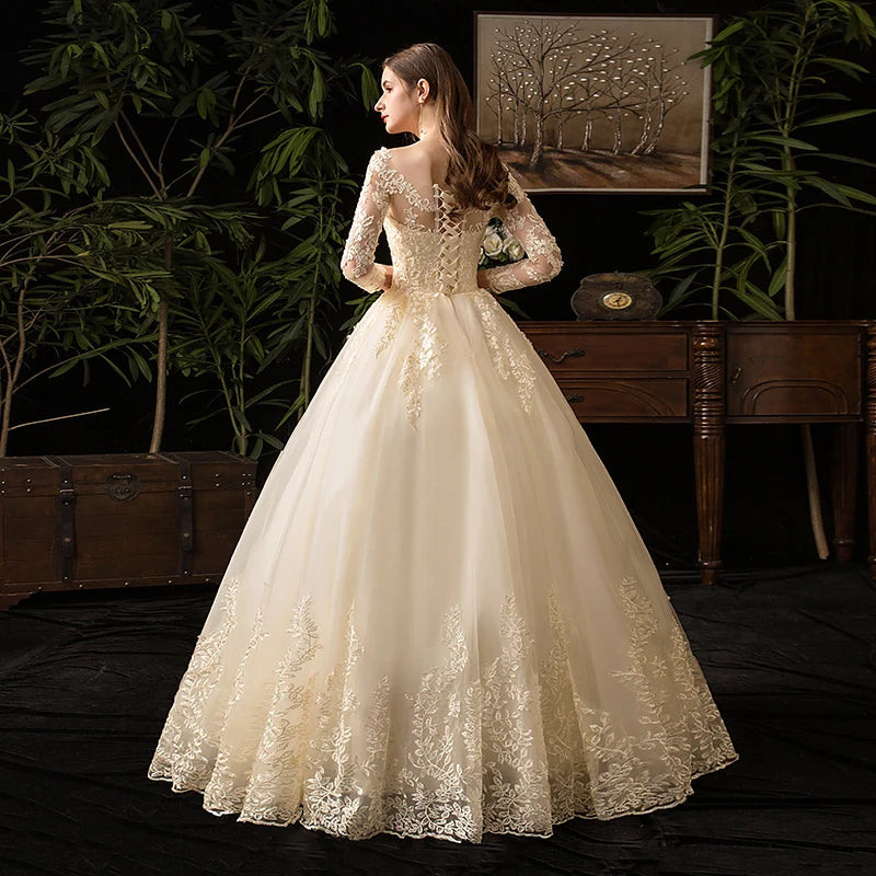 Elegant Champagne Embroidery Lace Wedding Dress Robe De Mariee Sweetheart Ball Gown