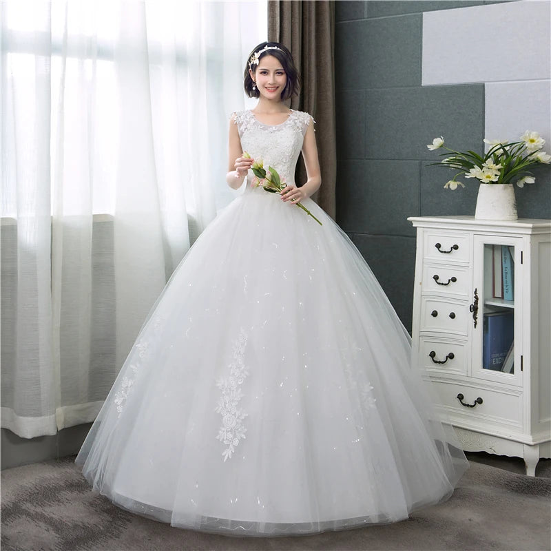 Customized Plus Size O Neck Lace Appliques Korean Ball Gown Bridal Dress