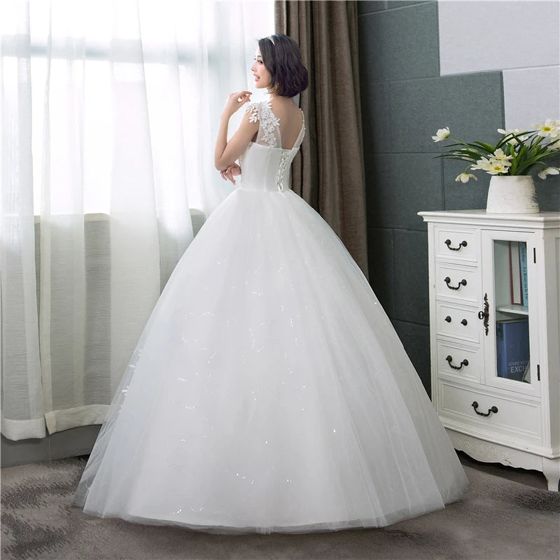 Customized Plus Size O Neck Lace Appliques Korean Ball Gown Bridal Dress