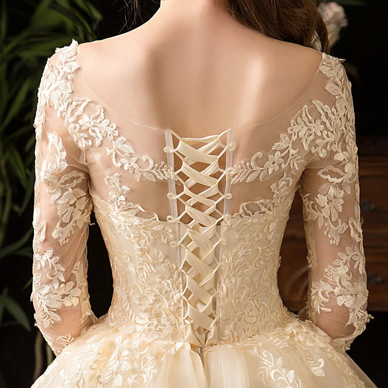 Elegant Champagne Embroidery Lace Wedding Dress Robe De Mariee Sweetheart Ball Gown