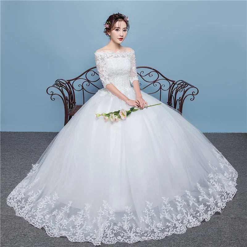 Lace Applique Plus Size Ball Gown Half Sleeve Lace Up Floor-length Sexy Boat Neck Illusion