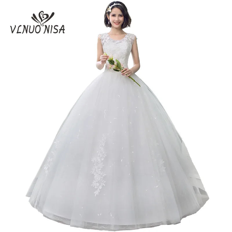 Customized Plus Size O Neck Lace Appliques Korean Ball Gown Bridal Dress