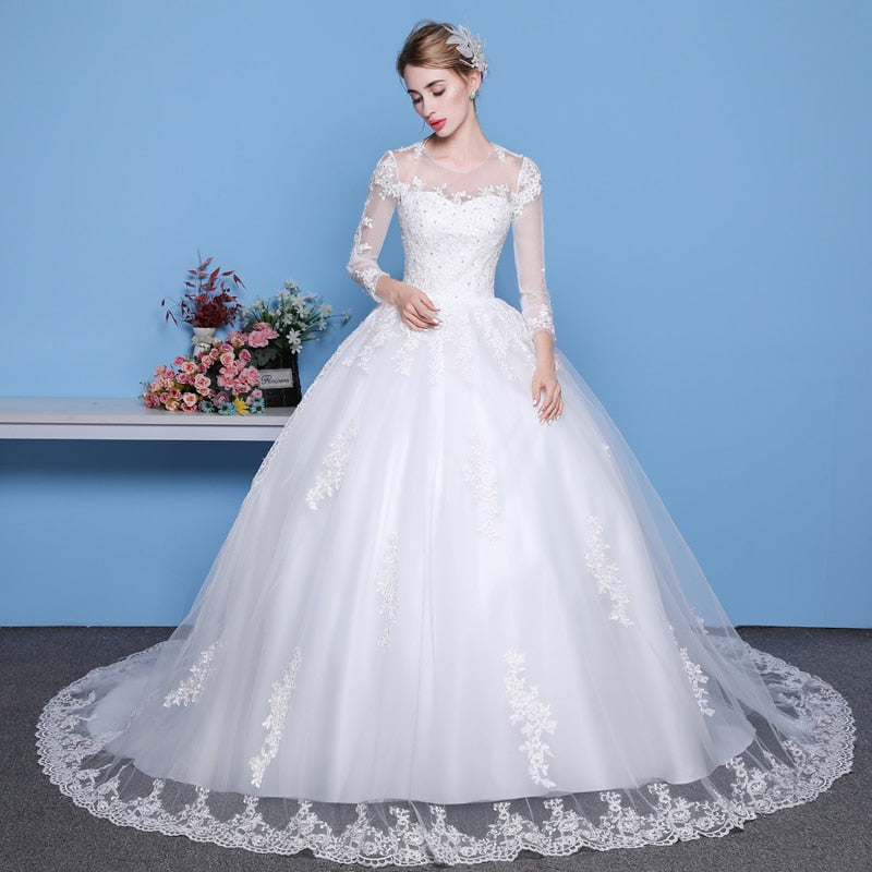 Sexy See Through Wedding Dress Luxury Long Sleeve Wedding Gown 2020 Lace Beaded Mariage Bridal Gowns Vestido De Noiva