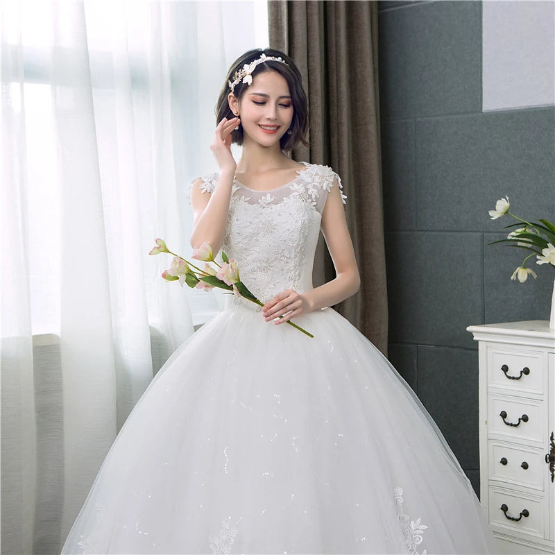 Customized Plus Size O Neck Lace Appliques Korean Ball Gown Bridal Dress