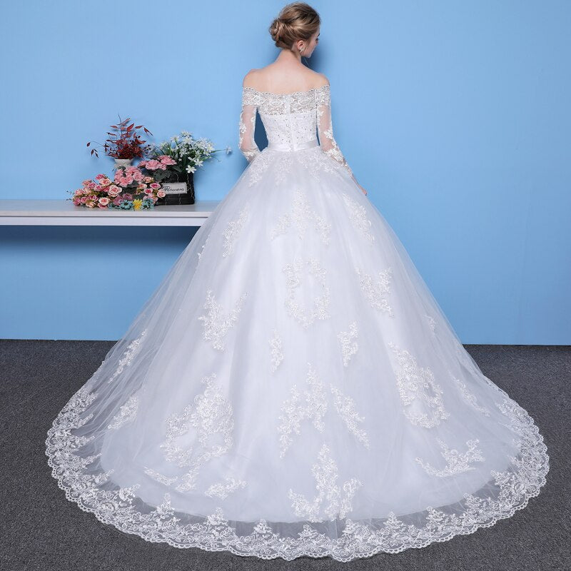 Long Sleeves Wedding Dresses Lace Bridal Bride Gowns Luxury Vintage Off The Shoulder Robe De Mariage