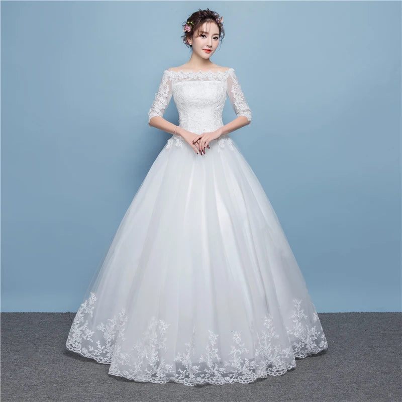 Lace Applique Plus Size Ball Gown Half Sleeve Lace Up Floor-length Sexy Boat Neck Illusion