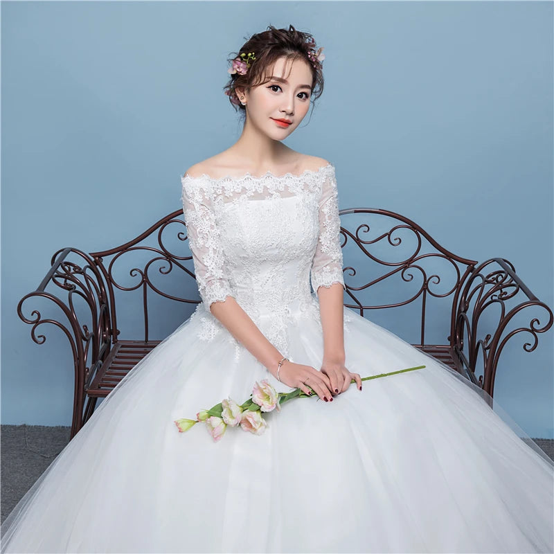 Lace Applique Plus Size Ball Gown Half Sleeve Lace Up Floor-length Sexy Boat Neck Illusion