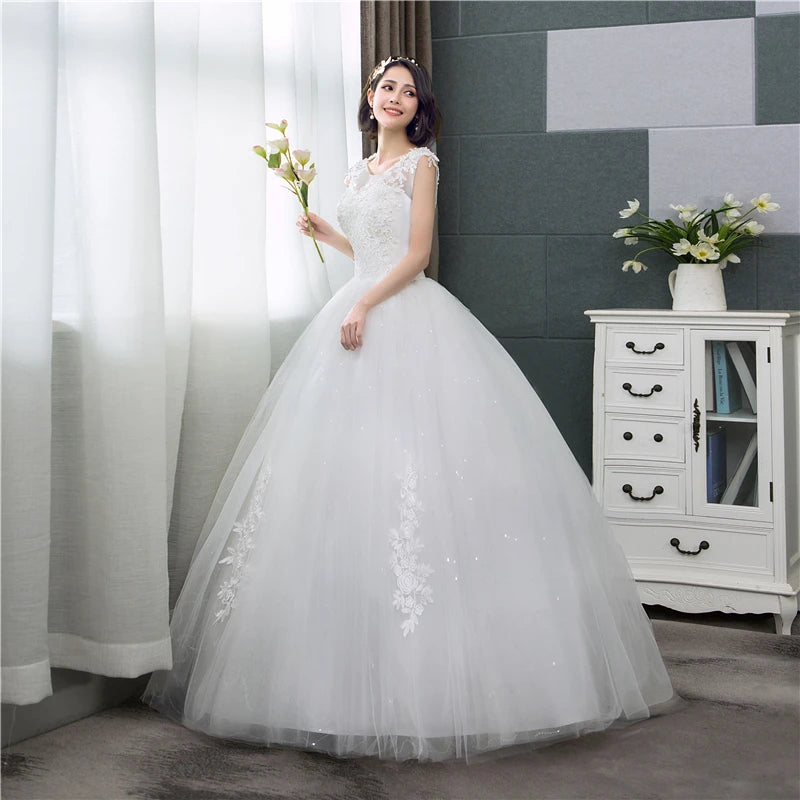 Customized Plus Size O Neck Lace Appliques Korean Ball Gown Bridal Dress