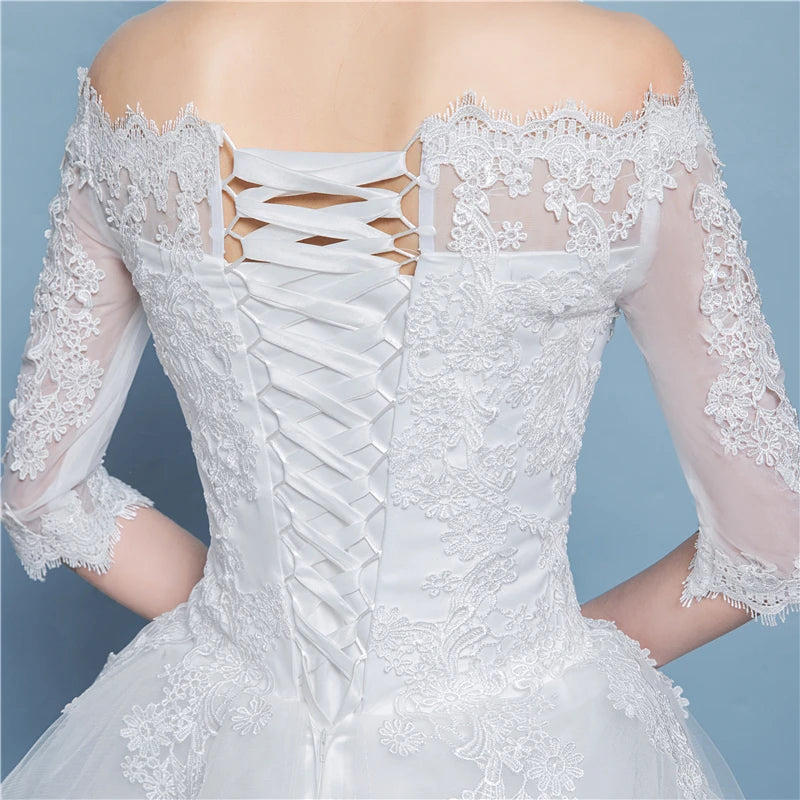 Lace Applique Plus Size Ball Gown Half Sleeve Lace Up Floor-length Sexy Boat Neck Illusion