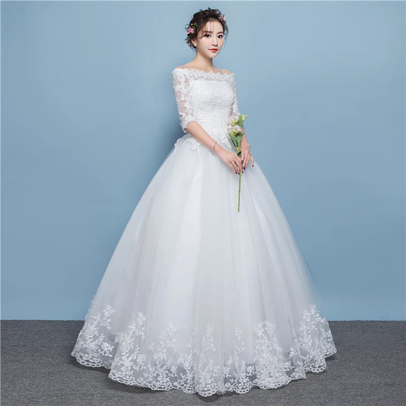 Lace Applique Plus Size Ball Gown Half Sleeve Lace Up Floor-length Sexy Boat Neck Illusion