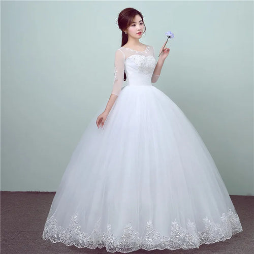 Simple Lace Three Quarter Sleeve Wedding Dress Sweet Elegant Floral Print Vestido De Noiva Bride Gown Cheap in China