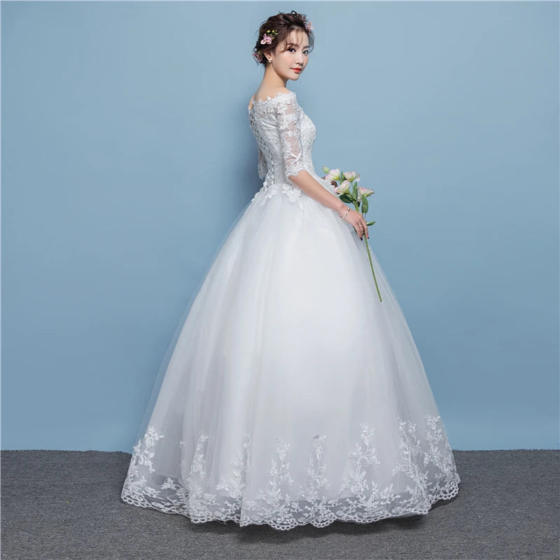 Lace Applique Plus Size Ball Gown Half Sleeve Lace Up Floor-length Sexy Boat Neck Illusion