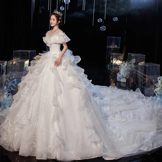 Luxury Lace Wedding Gown With Train Ball Gown Classic Cap Sleeve