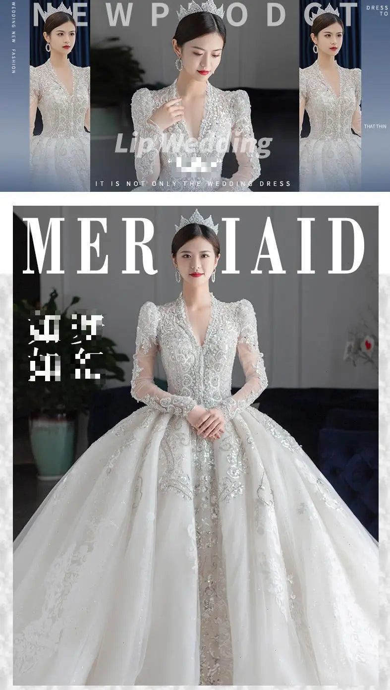 Luxury Bedading Long Sleeve Winter Wedding Dress  V Neck