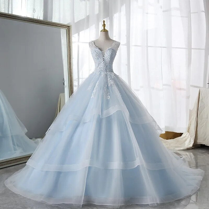 Sky Blue Inner With Double Lace Ruffle Deep V-neck Backless A-line Bridal Dress