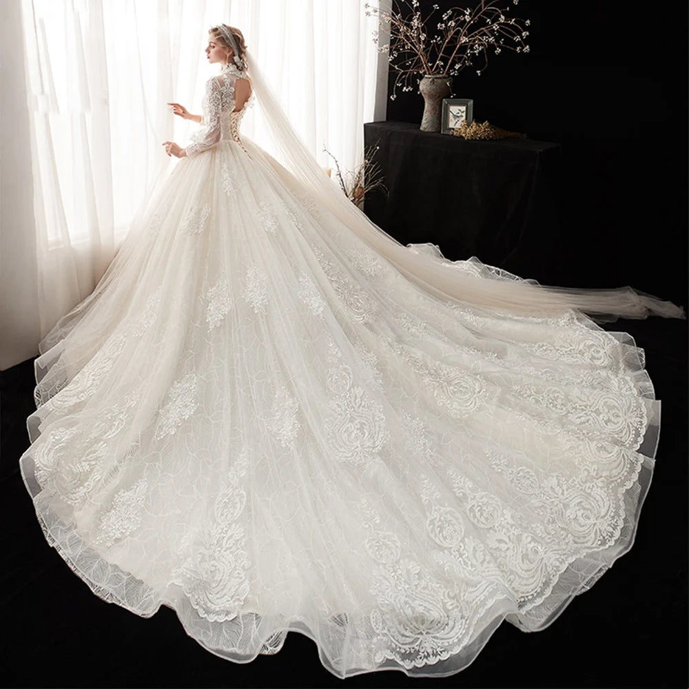 High Neck Long Sleeve Pearls Flowers All Over Appliques Lace Princess Ball Gown