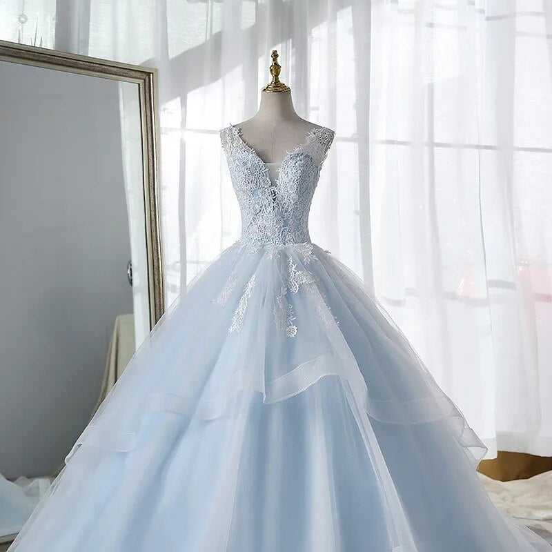 Sky Blue Inner With Double Lace Ruffle Deep V-neck Backless A-line Bridal Dress