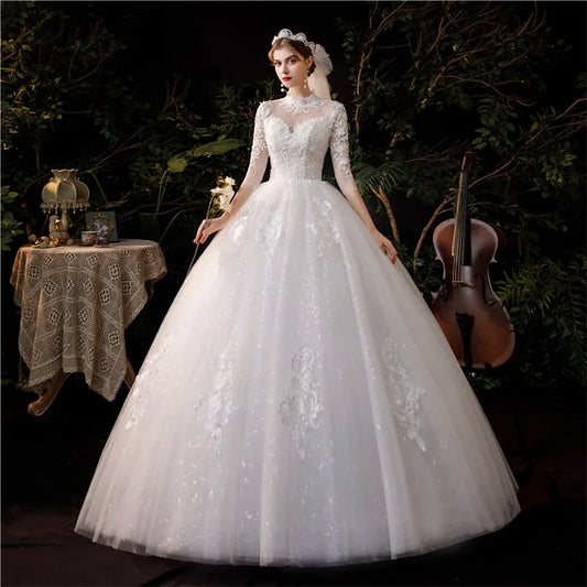 Luxury Lace Embroidery Vintage High Neck three Quarter Sequined Royal Train Bridal Gown