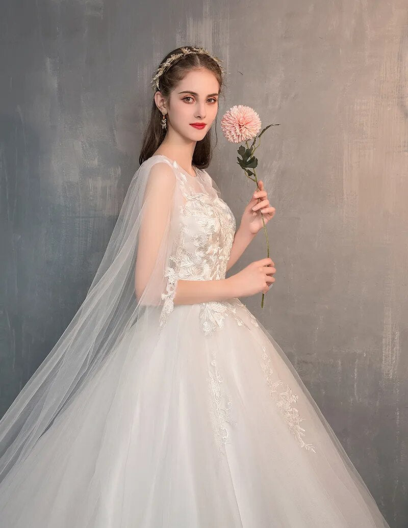 Long Cap Lace Wedding Gown With Long Train Embroidery Bridal Dress