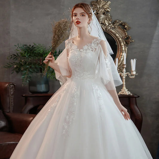 Korean style new spring Plus size wedding dress for Pregnant women long Lace appliques