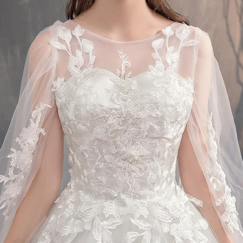 Long Cap Lace Wedding Gown With Long Train Embroidery Bridal Dress