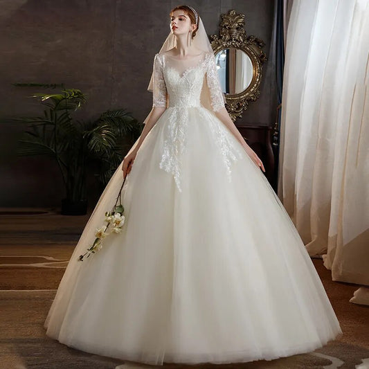 Classic O Neck Wedding Dress Beautiful Lace Princess Ball Gown Slim Half Sleeve Bridal Dress